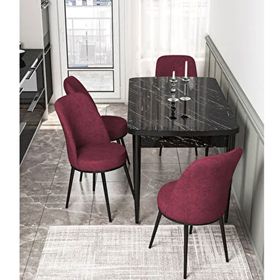 Canisa Kor Serisi 4 Sandalye Bordo Siyah Mermer Desen 70x114 Açılabilir Mutfak Masa Takımı