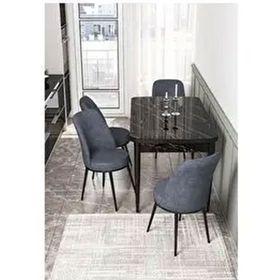 Canisa Kor Serisi 4 Sandalye Füme Siyah Mermer Desen 70x114 Açılabilir Mutfak Masa Takımı