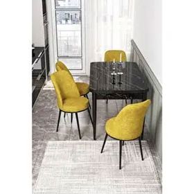 Canisa Kor Serisi 4 Sandalye Hardal Siyah Mermer Desen 70x114 Açılabilir Mutfak Masa Takımı
