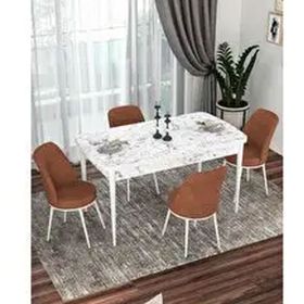 Canisa Kor Serisi 4 Sandalye Kiremit Beyaz Mermer Desen 70x114 Açılabilir Mutfak Masa Takımı