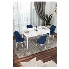 Canisa Kor Serisi 4 Sandalye Lacivert Beyaz Mermer Desen 70x114 Açılabilir Mutfak Masa Takımı