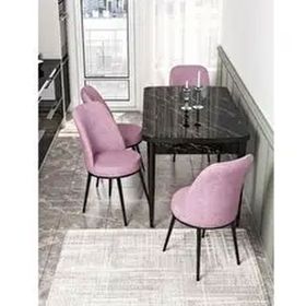 Canisa Kor Serisi 4 Sandalye Pembe Siyah Mermer Desen 70x114 Açılabilir Mutfak Masa Takımı