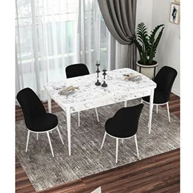 Canisa Kor Serisi 4 Sandalye Siyah Beyaz Mermer Desen 70x114 Açılabilir Mutfak Masa Takımı