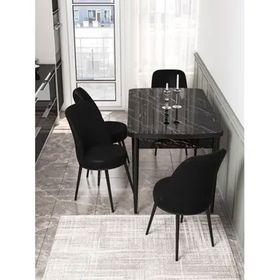 Canisa Kor Serisi 4 Sandalye Siyah Siyah Mermer Desen 70x114 Açılabilir Mutfak Masa Takımı