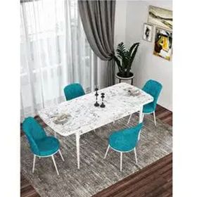 Canisa Kor Serisi 4 Sandalye Turkuaz Beyaz Mermer Desen 70x114 Açılabilir Mutfak Masa Takımı