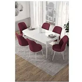 Canisa Kor Serisi 6 Sandalye Bordo Beyaz Masa 70x114 Açılabilir Mutfak Masa Takımı