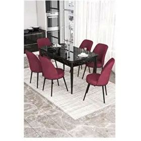 Canisa Kor Serisi 6 Sandalye Bordo Siyah Mermer Desen 70x114 Açılabilir Mutfak Masa Takımı
