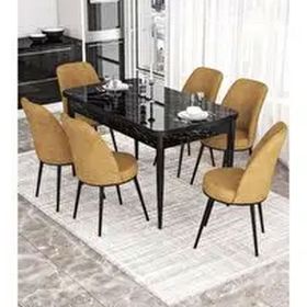 Canisa Kor Serisi 6 Sandalye Cappucino Siyah Mermer Desen 70x114 Açılabilir Mutfak Masa Takımı