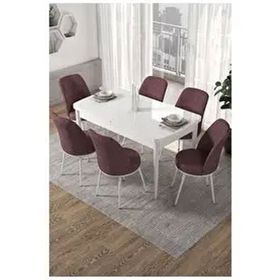 Canisa Kor Serisi 6 Sandalye Gül Kurusu Beyaz Masa 70x114 Açılabilir Mutfak Masa Takımı