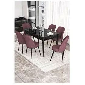 Canisa Kor Serisi 6 Sandalye Gül Kurusu Beyaz Mermer Desen 70x114 Açılabilir Mutfak Masa Takımı