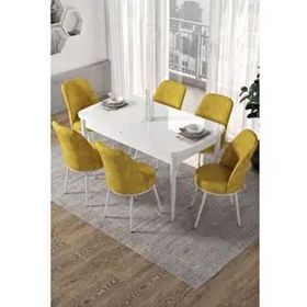 Canisa Kor Serisi 6 Sandalye Hardal Beyaz Masa 70x114 Açılabilir Mutfak Masa Takımı