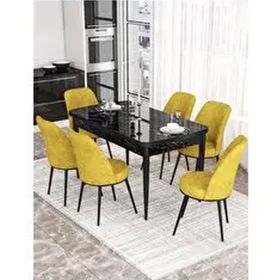 Canisa Kor Serisi 6 Sandalye Hardal Siyah Mermer Desen 70x114 Açılabilir Mutfak Masa Takımı