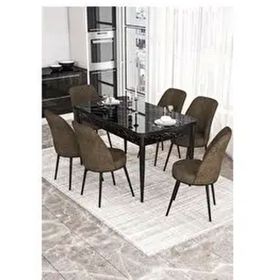 Canisa Kor Serisi 6 Sandalye Kahverengi Siyah Mermer Desen 70x114 Açılabilir Mutfak Masa Takımı