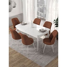 Canisa Kor Serisi 6 Sandalye Kiremit Beyaz Masa 70x114 Açılabilir Mutfak Masa Takımı