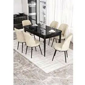 Canisa Kor Serisi 6 Sandalye Krem Siyah Mermer Desen 70x114 Açılabilir Mutfak Masa Takımı