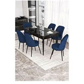 Canisa Kor Serisi 6 Sandalye Lacivert Siyah Mermer Desen 70x114 Açılabilir Mutfak Masa Takımı