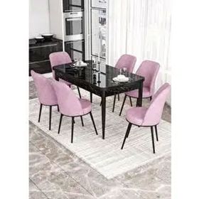 Canisa Kor Serisi 6 Sandalye Pembe Siyah Mermer Desen 70x114 Açılabilir Mutfak Masa Takımı