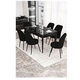 Canisa Kor Serisi 6 Sandalye Siyah Siyah Mermer Desen 70x114 Açılabilir Mutfak Masa Takımı