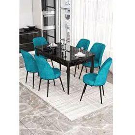 Canisa Kor Serisi 6 Sandalye Turkuaz Siyah Mermer Desen 70x114 Açılabilir Mutfak Masa Takımı