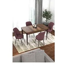 Canisa Kor Serisi Barok Ahşap Desen 70x114 cm Açılabilir 4 Sandalye Gül Kurusu Mutfak Masası Takımı