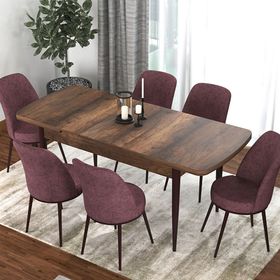 Canisa Kor Serisi Barok Ahşap Desen 70x114 cm Açılabilir 6 Sandalye Gül Kurusu Mutfak Masası Takımı