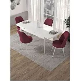 Canisa Kor Serisi Beyaz Masa 70x114 cm Açılabilir 4 Sandalye Bordo Mutfak Masası Takımı