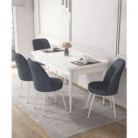 Canisa Kor Serisi Beyaz Masa 70x114 CM Açılabilir 4 Sandalye Füme Mutfak Masası Takımı