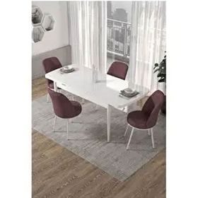 Canisa Kor Serisi Beyaz Masa 70x114 cm Açılabilir 4 Sandalye Gül Kurusu Mutfak Masası Takımı