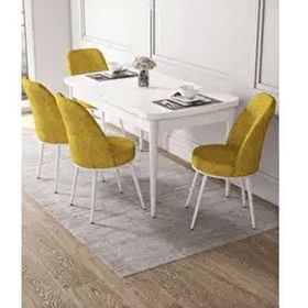 Canisa Kor Serisi Beyaz Masa 70x114 cm Açılabilir 4 Sandalye Hardal Mutfak Masası Takımı