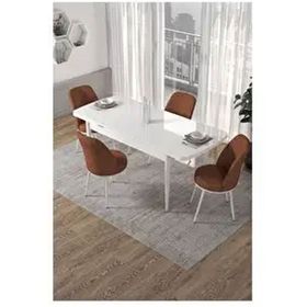 Canisa Kor Serisi Beyaz Masa 70x114 cm Açılabilir 4 Sandalye Kiremit Mutfak Masası Takımı