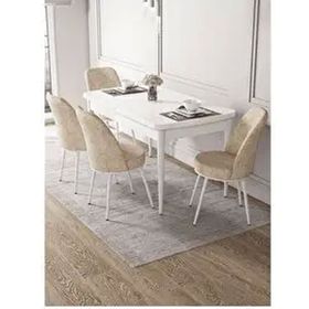 Canisa Kor Serisi Beyaz Masa 70x114 cm Açılabilir 4 Sandalye Krem Mutfak Masası Takımı