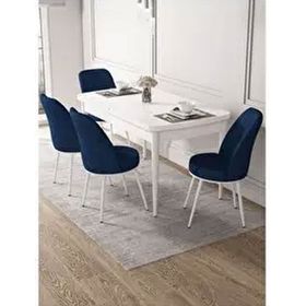 Canisa Kor Serisi Beyaz Masa 70x114 cm Açılabilir 4 Sandalye Lacivert Mutfak Masası Takımı