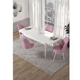 Canisa Kor Serisi Beyaz Masa 70x114 cm Açılabilir 4 Sandalye Pembe Mutfak Masası Takımı