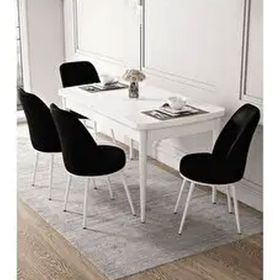 Canisa Kor Serisi Beyaz Masa 70x114 cm Açılabilir 4 Sandalye Siyah Mutfak Masası Takımı