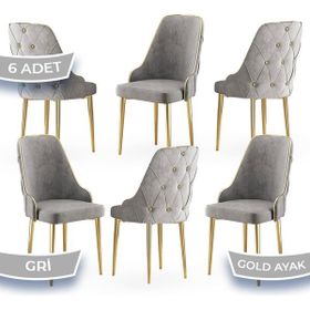 Canisa Krax Serisi 6 Adet 1. Sınıf Babyface Kumaş Gold Metal Ayaklı Gri Yemek Odası Sandalyesi