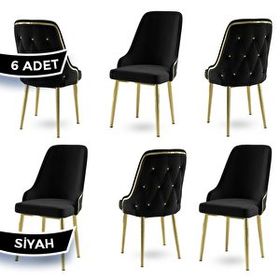 Canisa Krax Serisi 6 Adet 1. Sınıf Babyface Kumaş Gold Metal Ayaklı Siyah Yemek Odası Sandalyesi