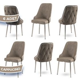 Canisa Krax Serisi 6 Adet 1. Sınıf Babyface Kumaş Gümüş Metal Ayaklı Cappucino Yemek Odası Sandalyesi