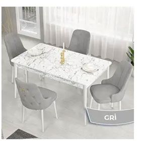 Canisa Lav Serisi 80x132 Beyaz Mermer Desen Masa Takımı ve Gold Halkalı 4 Adet Gri Sandalye