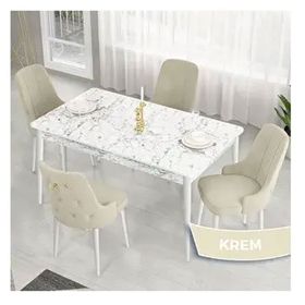 Canisa Lav Serisi 80x132 Beyaz Mermer Desen Masa Takımı ve Gold Halkalı 4 Adet Krem Sandalye