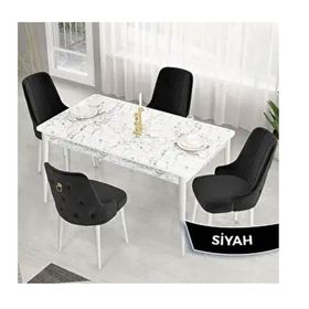 Canisa Lav Serisi 80x132 Beyaz Mermer Desen Masa Takımı ve Gold Halkalı 4 Adet Siyah Sandalye
