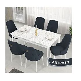 Canisa Lav Serisi 80x132 Beyaz Mermer Desen Masa Takımı ve Gold Halkalı 6 Adet Antrasit Sandalye