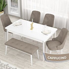 Canisa Lav Serisi 80x132 Beyaz Mutfak Masa Takımı Gold Halkalı 4 Cappucino Sandalye ve Cappucino 1 Bench