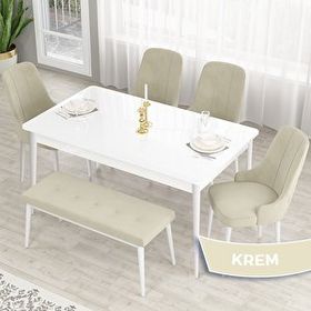Canisa Lav Serisi 80x132 Beyaz Mutfak Masa Takımı Gold Halkalı 4 Krem Sandalye ve Krem 1 Bench