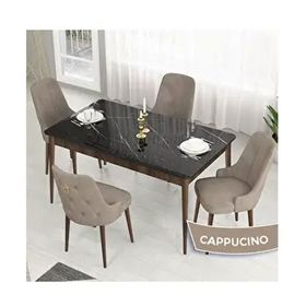 Canisa Lav Serisi 80x132 Siyah Mermer Desen Ceviz Ayak Masa Takımı ve Gold Halkalı 4 Adet Cappucino Sandalye