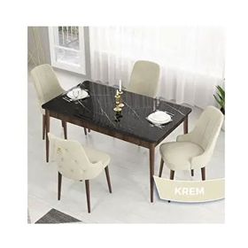 Canisa Lav Serisi 80x132 Siyah Mermer Desen Ceviz Ayak Masa Takımı ve Gold Halkalı 4 Adet Krem Sandalye