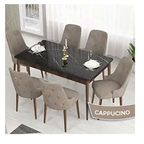 Canisa Lav Serisi 80x132 Siyah Mermer Desen Ceviz Ayak Masa Takımı ve Gold Halkalı 6 Adet Cappucino Sandalye