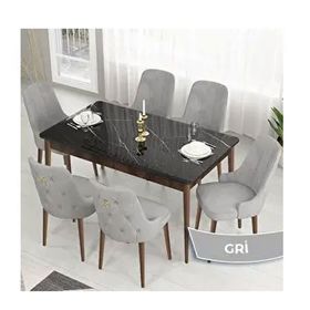 Canisa Lav Serisi 80x132 Siyah Mermer Desen Ceviz Ayak Masa Takımı ve Gold Halkalı 6 Adet Gri Sandalye
