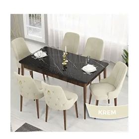 Canisa Lav Serisi 80x132 Siyah Mermer Desen Ceviz Ayak Masa Takımı ve Gold Halkalı 6 Adet Krem Sandalye