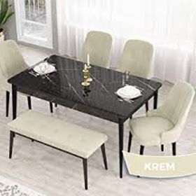 Canisa Lav Serisi 80x132 Siyah Mermer Desen Gold Halkalı 4 Krem Sandalye ve 1 Bench Krem Masa Takımı