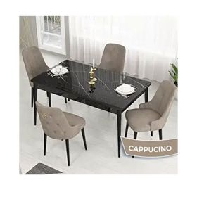 Canisa Lav Serisi 80x132 Siyah Mermer Desen Masa Takımı ve Gold Halkalı 4 Adet Cappucino Sandalye
